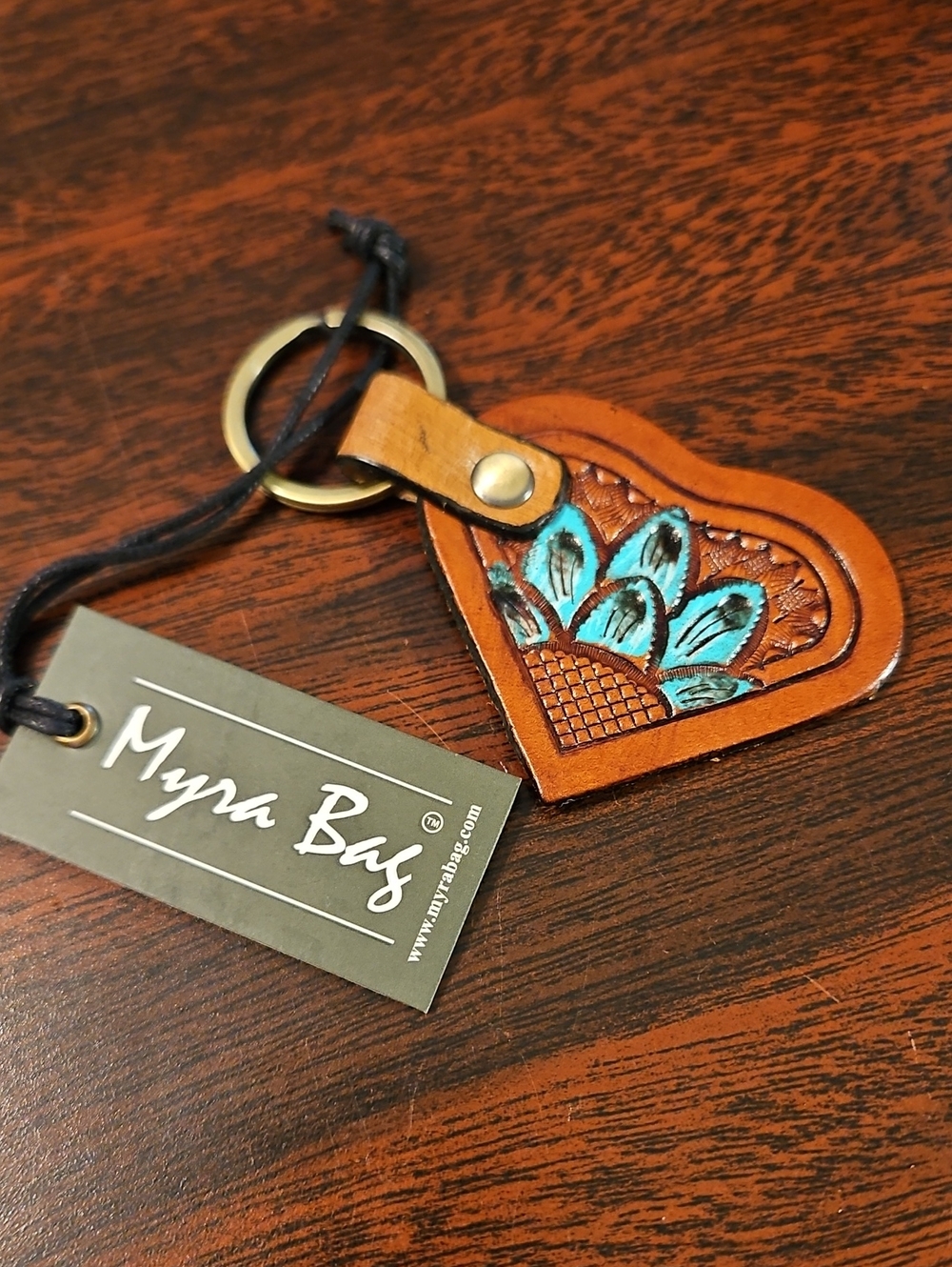 Myra Bag Tan Leather Heart Key & Card Holder with Turquoise Floral Accent